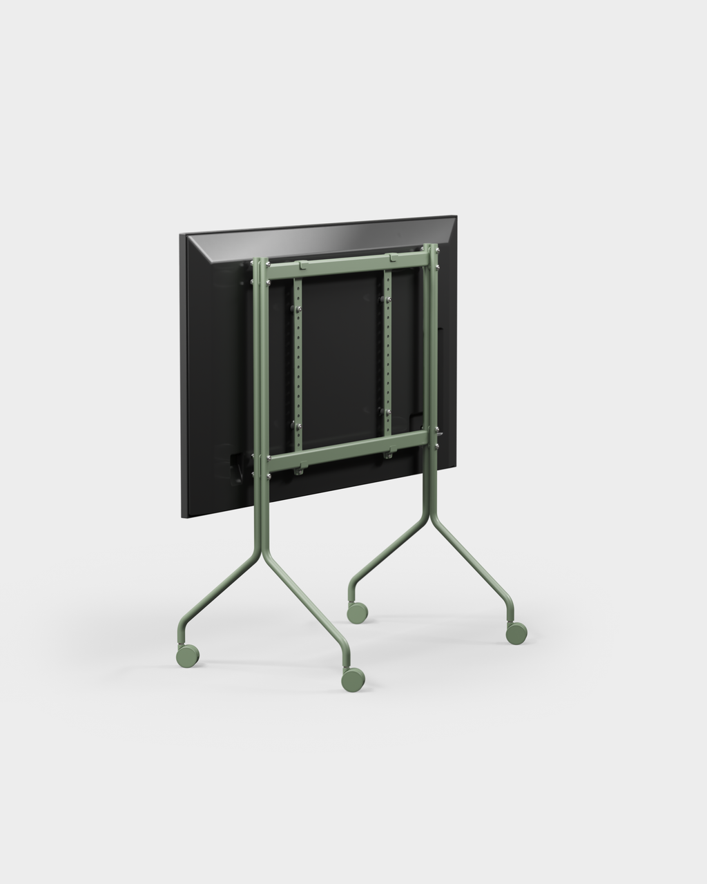 Rear three-quarter studio view of Moon in Mossy Green rolling TV stand with mounted display, VESA bracket and wheels