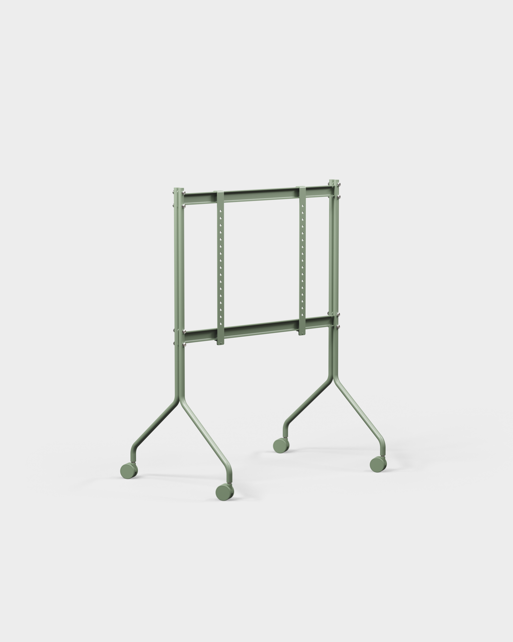 Moon in Mossy Green rolling TV stand, angled studio view showing adjustable mounting rails and four caster wheels