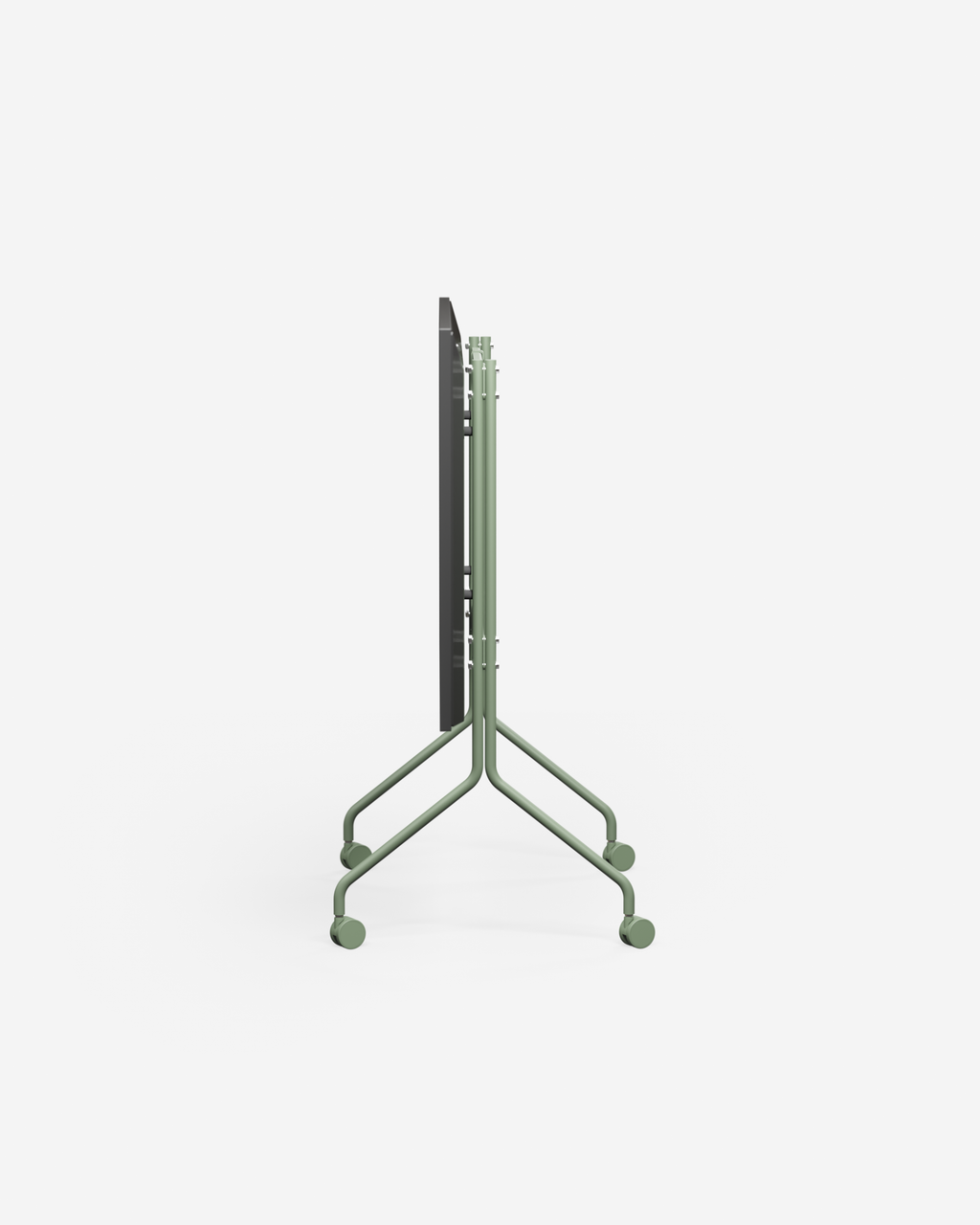 Side profile studio packshot of Moon in Mossy Green stand with wheels, folded flat with dark panel upright