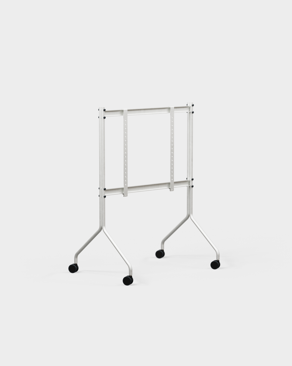 Moon in Cloudy Silver rolling TV stand shown empty at a three-quarter angle, highlighting its tubular legs and black casters