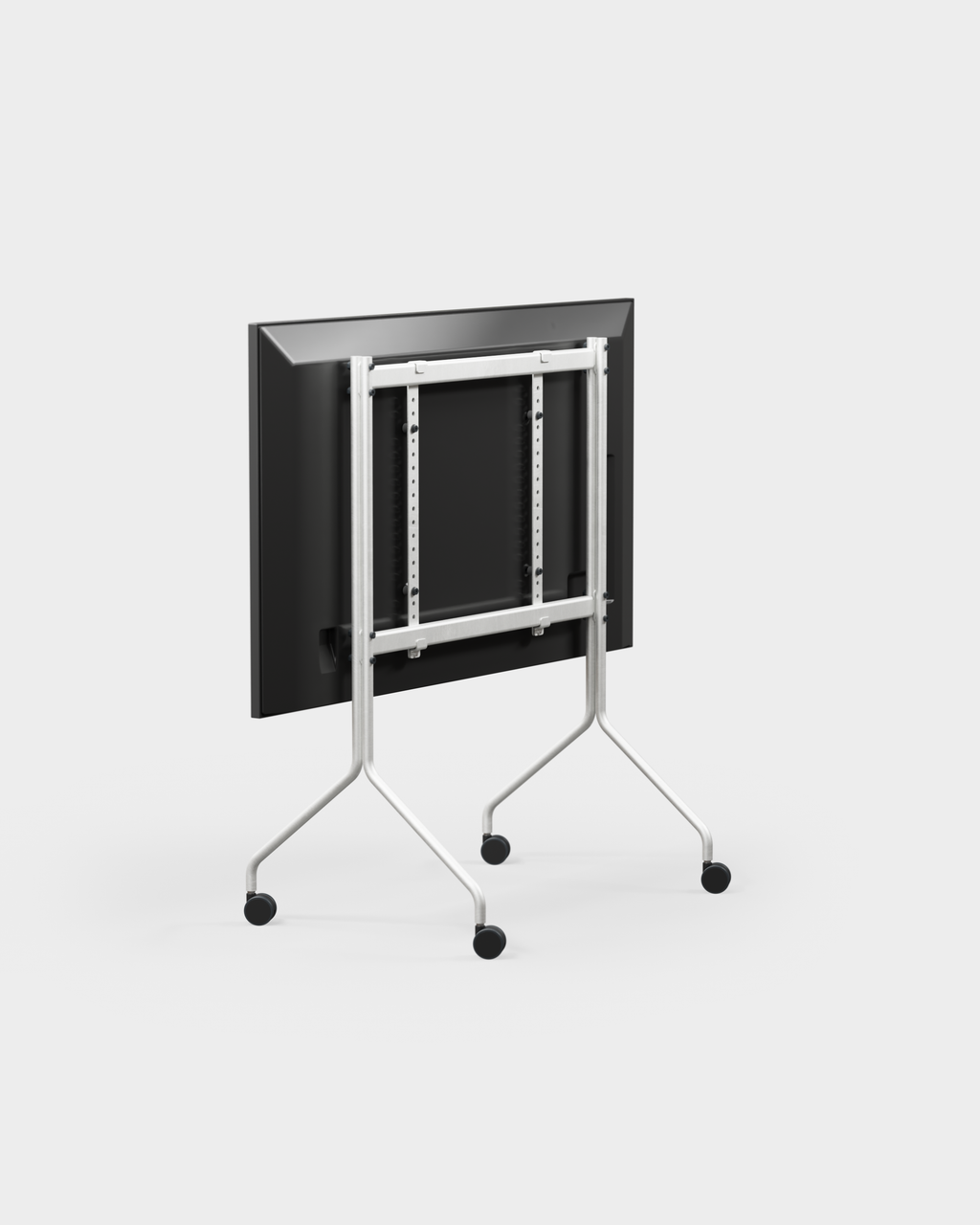 Moon in Cloudy Silver folded flat in studio packshot, rear angle showing mount bracket, splayed legs and casters