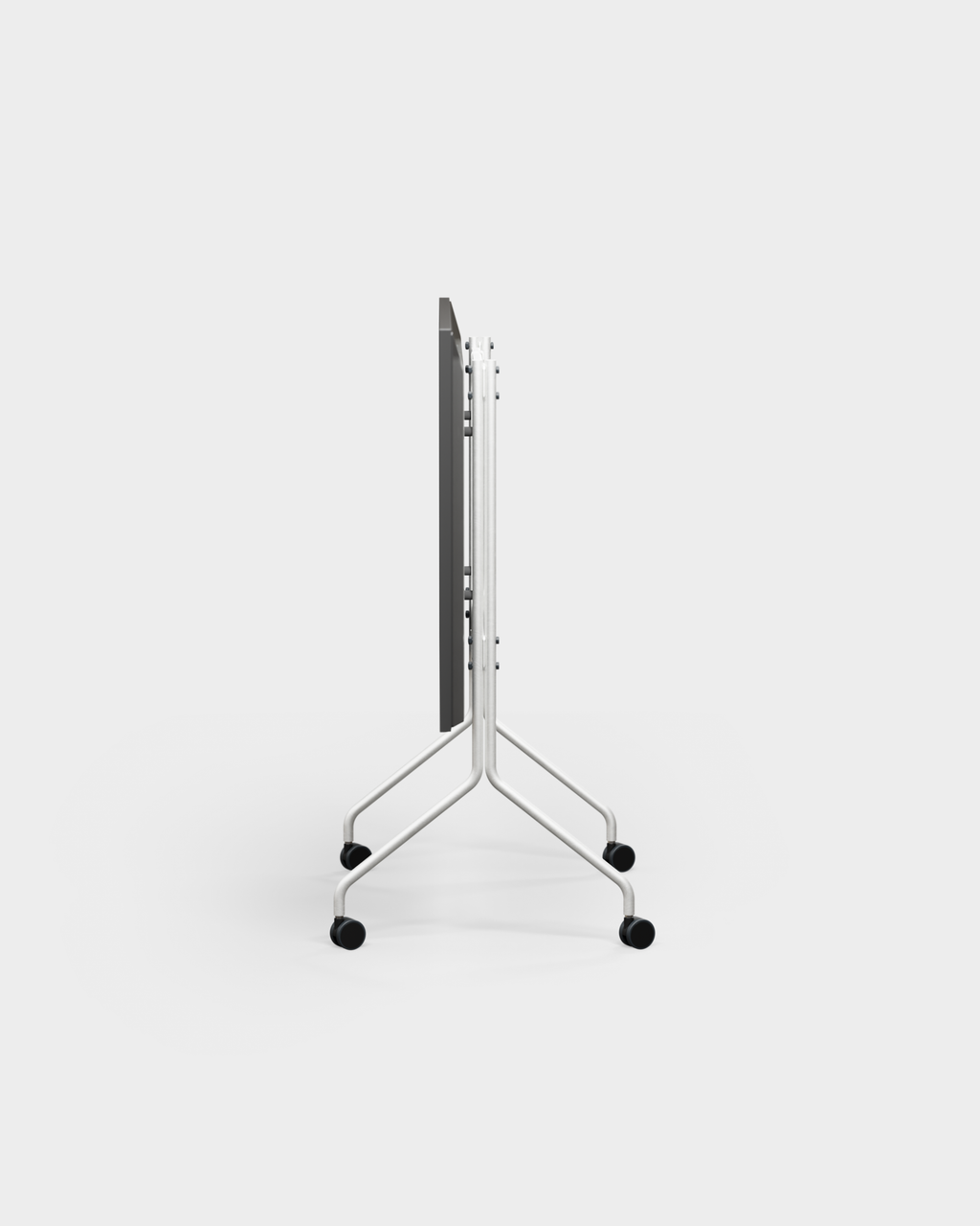 Moon in Cloudy Silver stand with wheels folded flat, side profile studio packshot on white showing castors and frame