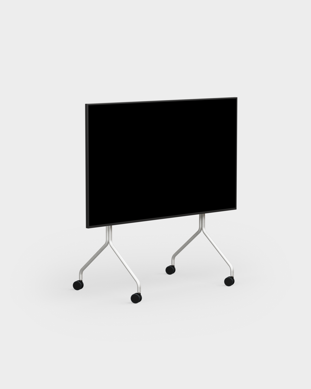Moon in Cloudy Silver rolling TV stand studio packshot, angled view with black screen and caster wheels
