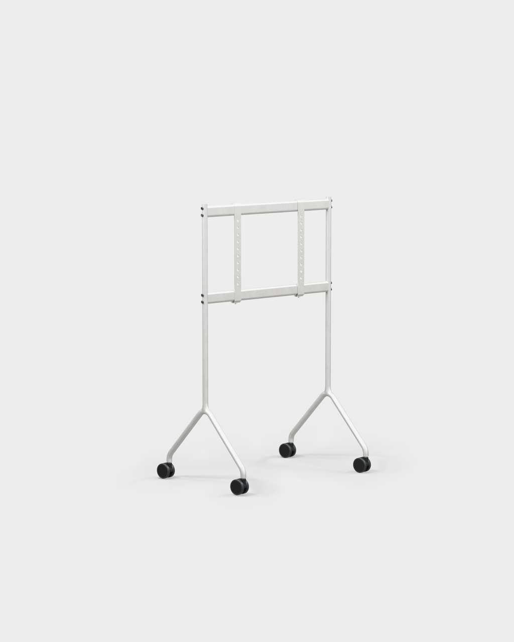 Moon Light in Cloudy Silver mobile TV stand, angled studio view showing Y-shaped legs, casters and bare mount brackets