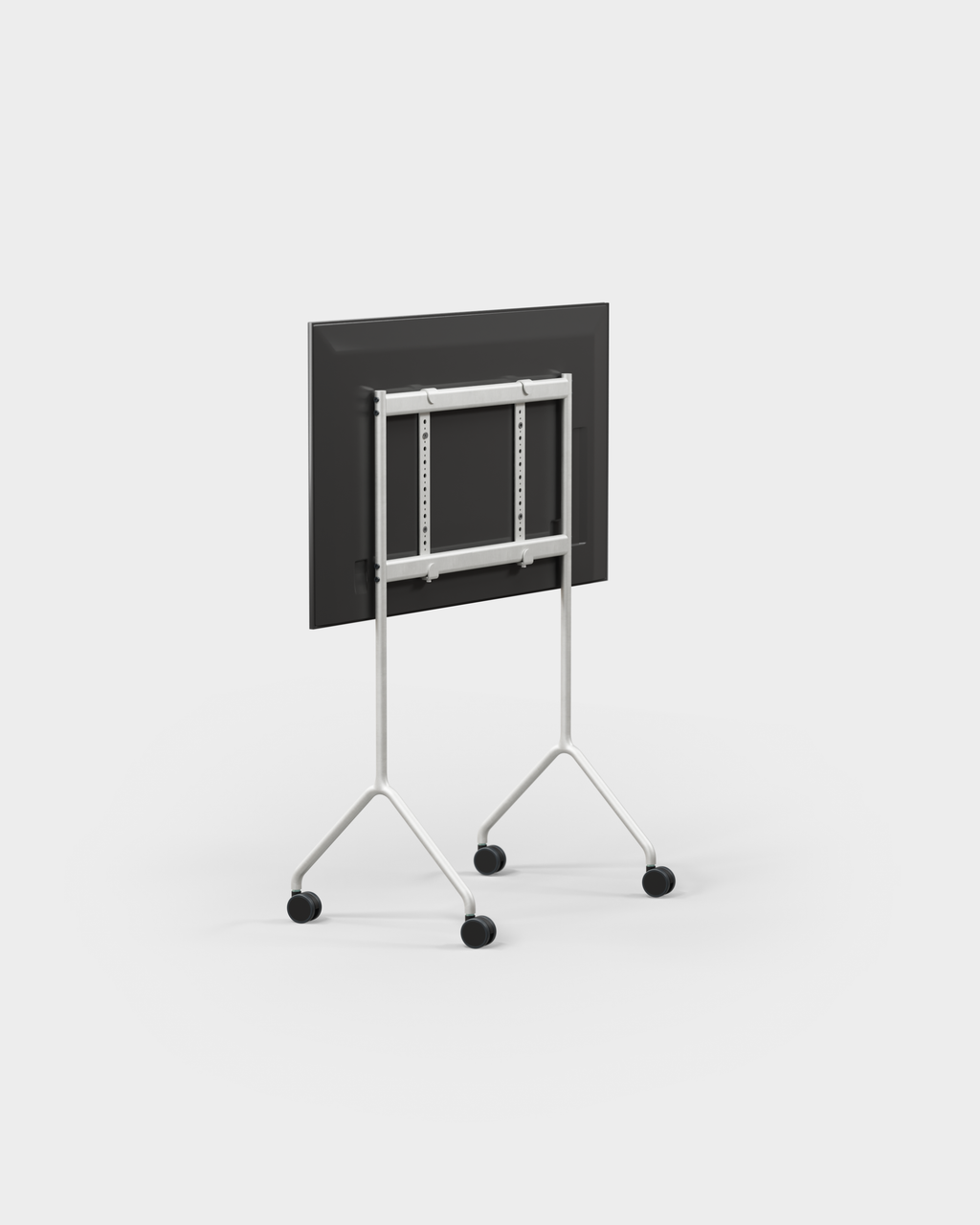 Rear view of Moon Light in Cloudy Silver TV stand on wheels with mounted display, studio packshot on light gray