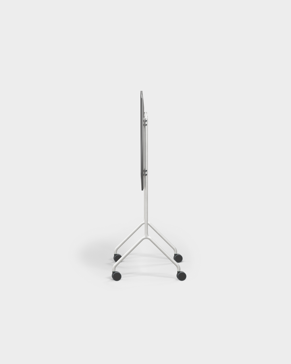Side profile studio packshot of Moon Light in Cloudy Silver rolling TV stand, slim folded panel on wheeled tripod base
