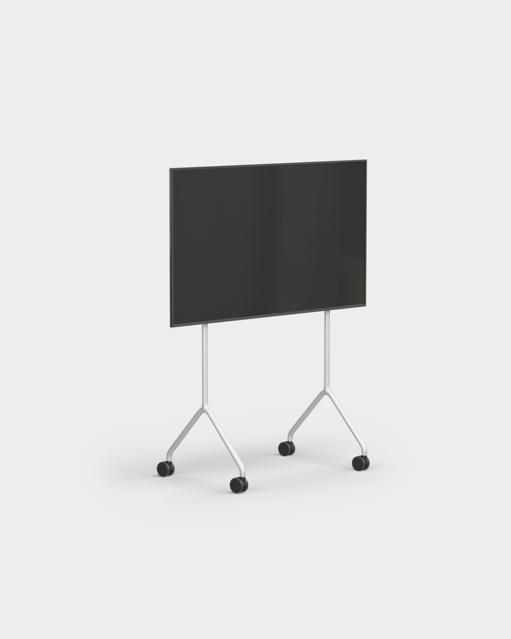 Moon Light in Cloudy Silver mobile TV stand with wheels and mounted display, angled studio packshot on white