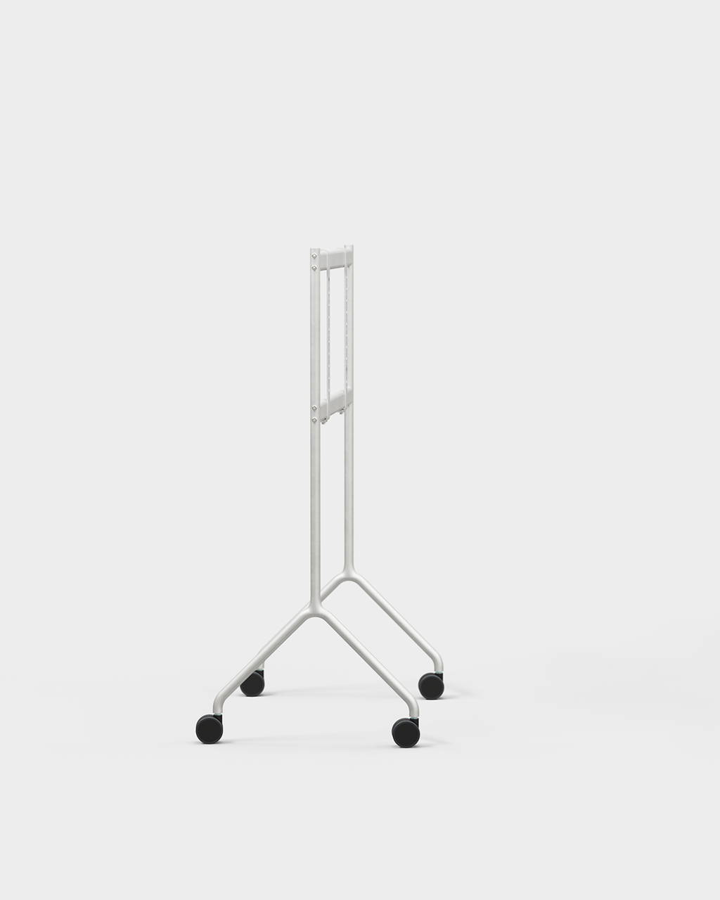 Moon Light in Cloudy Silver mobile TV stand with wheels and mounted display, angled studio packshot on white