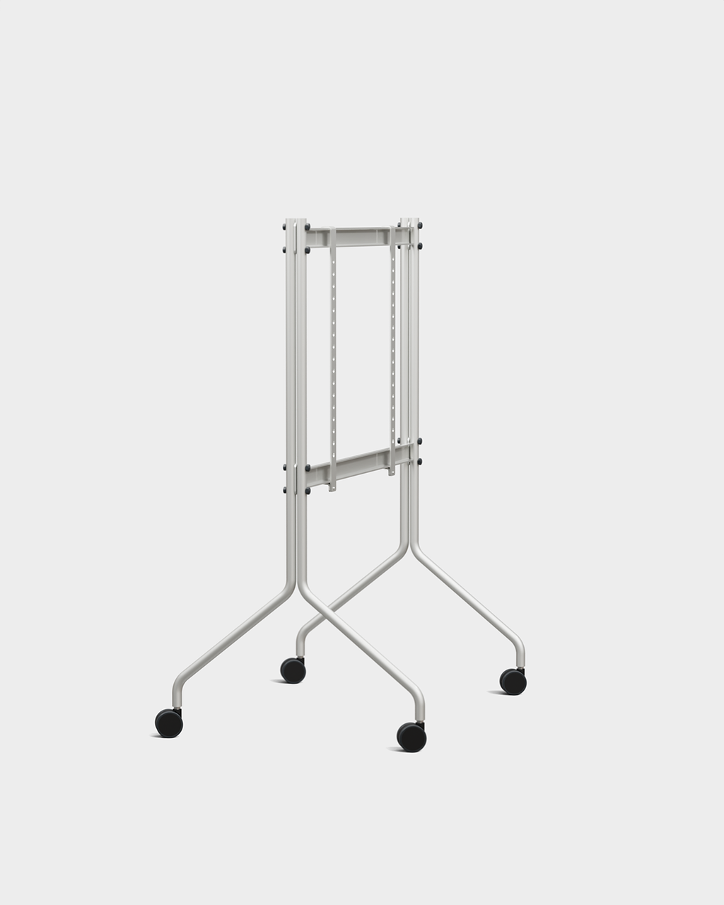 Moon in Cloudy Silver rolling TV stand studio packshot, angled view with black screen and caster wheels